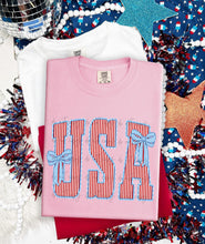 Load image into Gallery viewer, USA Red Stripes Blue Bow TRANSFER ET APR 26
