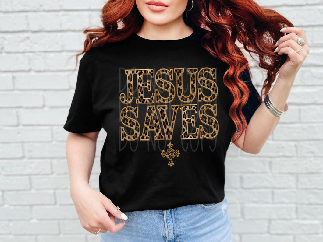 Jesus Saves Cheetah Faux Embroidery With Cross TRANSFER PHDC NOV 25