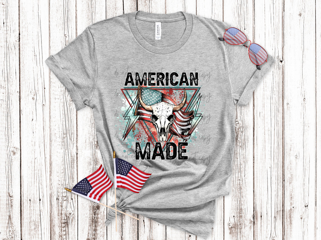 American Made With Flag, Bull Skull And Lightening Bolt TRANSFER