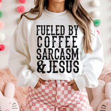 Load image into Gallery viewer, Fueled By Coffee Sarcasm &amp; Jesus Distressed Color DROPDOWN TRANSFER SDD MAR 26
