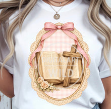Load image into Gallery viewer, Pink Plaid Cross Bible Bow TRANSFER ET MAR 26
