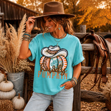 Load image into Gallery viewer, Howdy Pumpkin Leopard Cowboy Hat Turquoise &amp; Orange Pumpkin TRANSFER SDD AUG 26
