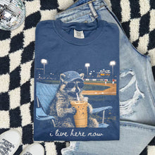 Load image into Gallery viewer, I Live Here Now Raccoon For Dark Colored Shirts Baseball TRANSFER ET MAR 26
