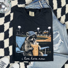 Load image into Gallery viewer, I Live Here Now Raccoon For Dark Colored Shirts Baseball TRANSFER ET MAR 26
