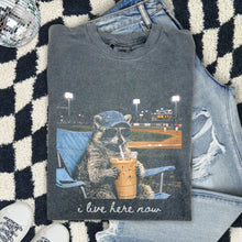 Load image into Gallery viewer, I Live Here Now Raccoon For Dark Colored Shirts Baseball TRANSFER ET MAR 26
