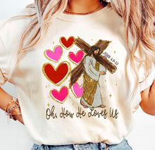 Load image into Gallery viewer, Oh How He Loves Us Cross Faux Glitter Hearts TRANSFER ET JAN 26
