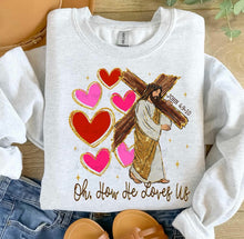 Load image into Gallery viewer, Oh How He Loves Us Cross Faux Glitter Hearts TRANSFER ET JAN 26
