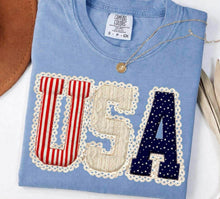 Load image into Gallery viewer, USA Faux Patch Stripes Lace Stars With or Without Bow DROPDOWN TRANSFER ET MAR 26
