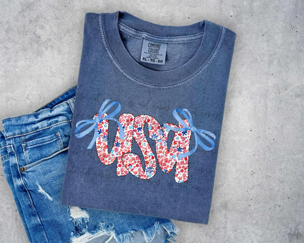 Floral USA Blue Bows TRANSFER