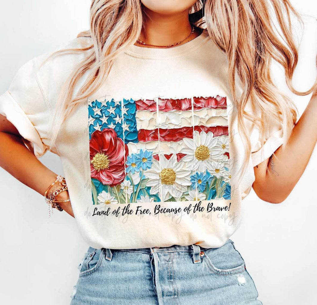 Land Of The Free Painted Flower Flag Four Block TRANSFER
