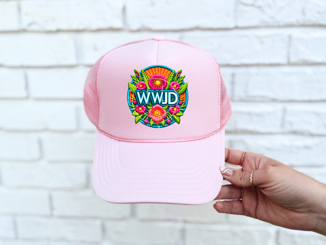 WWJD Neon Floral Circle Faux Hat Patch 3-4” DTF TRANSFER TPE