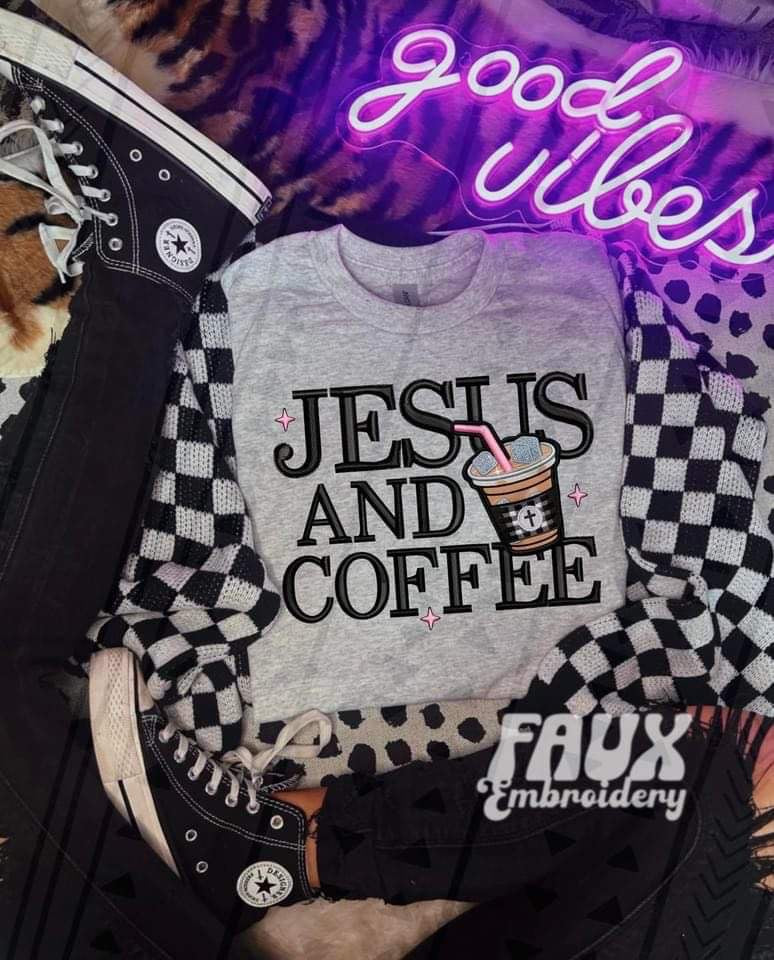 Jesus And Coffee Faux Embroidery Blk TRANSFER