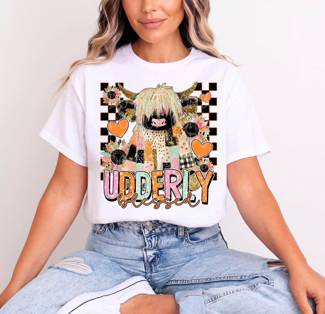 Udderly Blessed Patchwork Highland Cow Checkered TRANSFER CST NOV 25