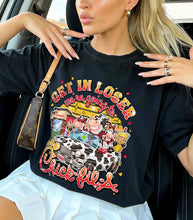 Load image into Gallery viewer, Get In Loser Chick Cow Print Car SLEEVE OPTION DROPDOWN TRANSFER GRAV JAN 26
