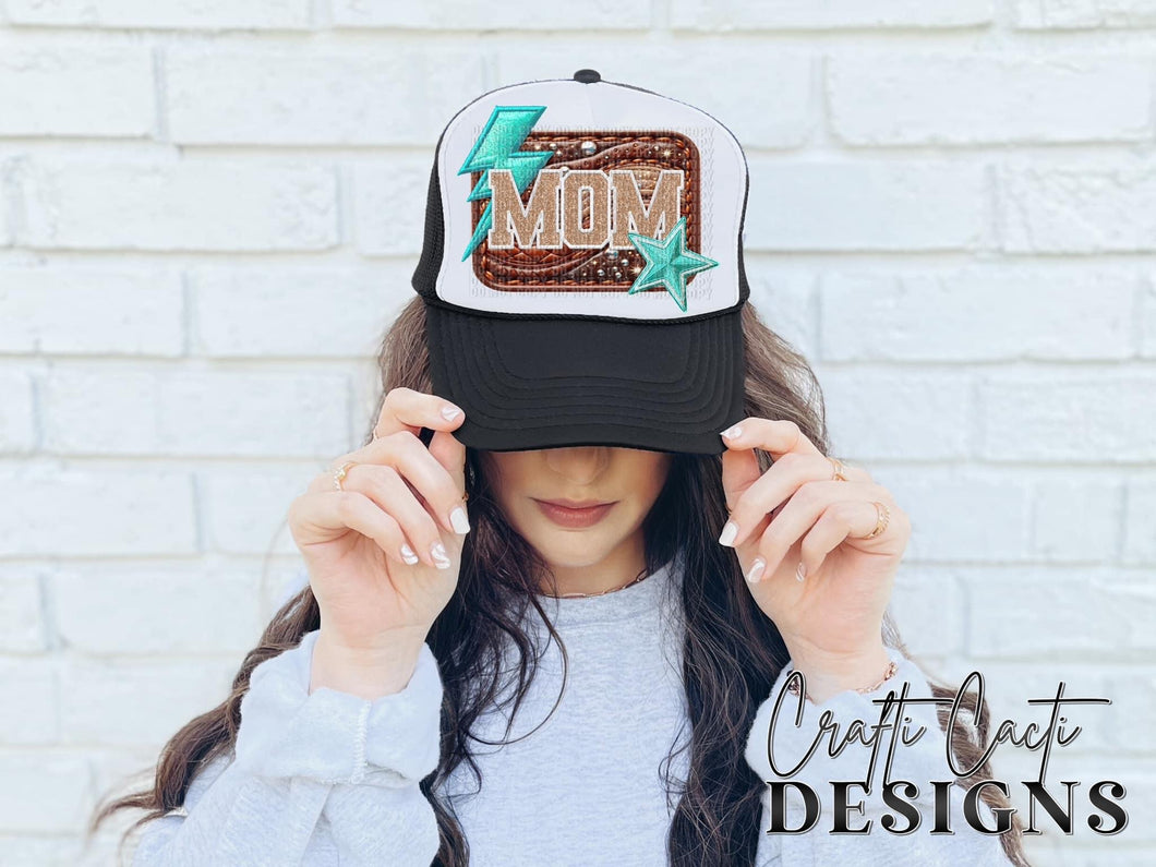 Mom Teal Bolt Faux Leather Hat Patch 3-4” DTF TRANSFER CCD