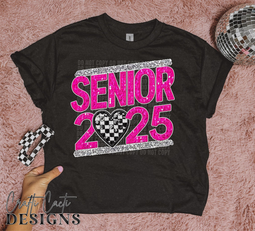 Senior 2025 Pink Sequin Checkered Heart TRANSFER CCD