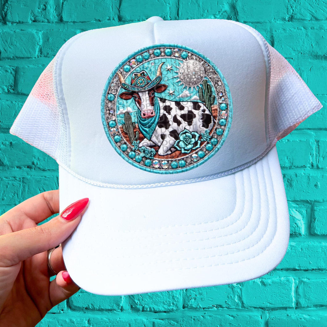 Turquoise Cactus Cow Cowgirl Hat Faux Embroidery Hat Patch 3-4” DTF TRANSFER HMWK