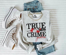 Load image into Gallery viewer, True Crime Junkie Faux Embroidery Sequin Black Or White Dropdown TRANSFER SCG
