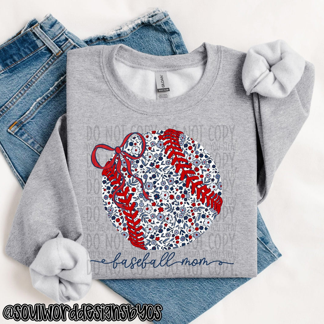 Baseball Mom Blue Floral Ball With Red Bow And Laces TRANSFER SWD NOV 25