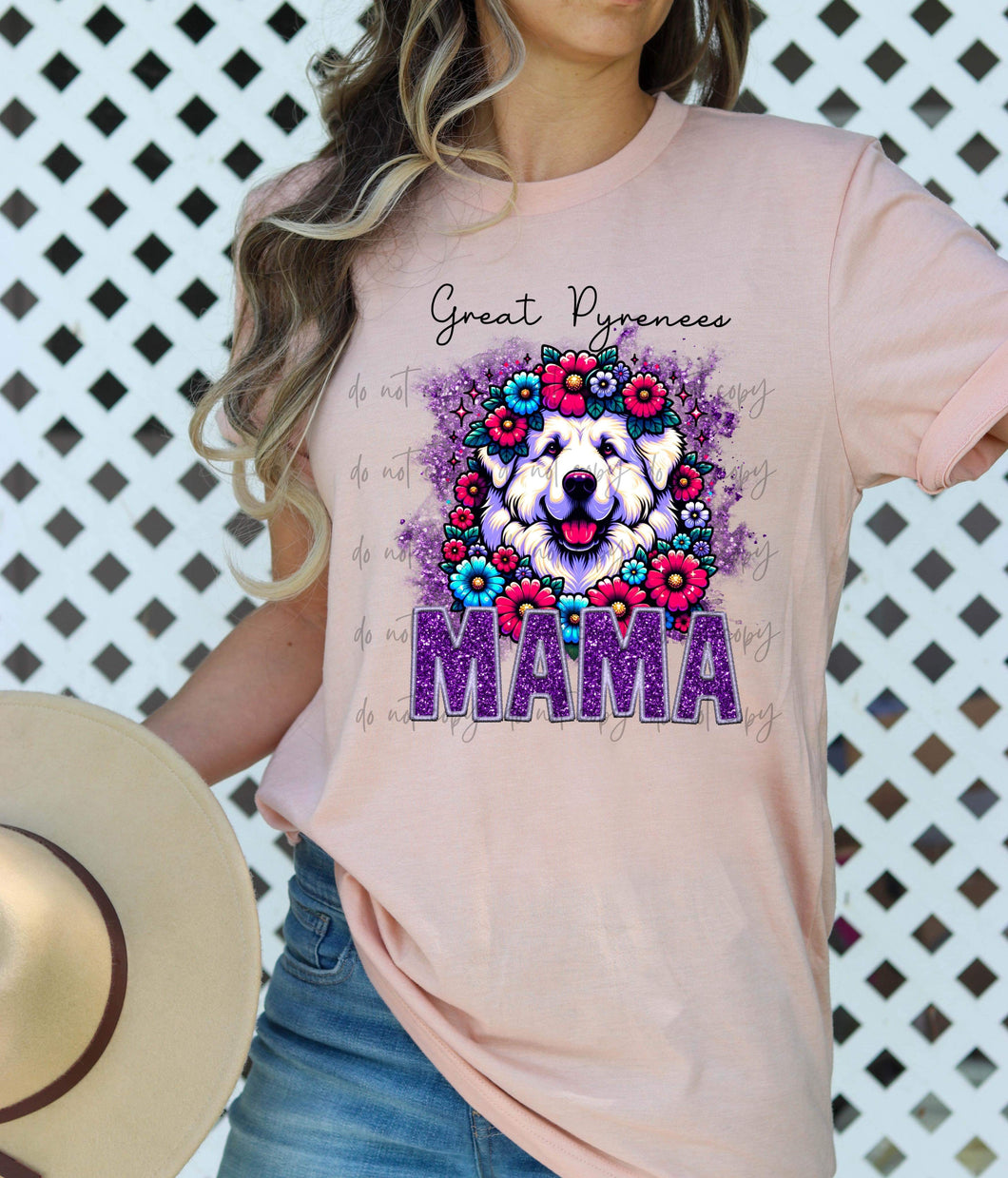 Great Pyrenees Mama Faux Embroidery Purple Background TRANSFER