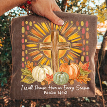 Load image into Gallery viewer, Praise Him In Every Season Faux Wood Cross Gold Glitter Accent Sun &amp; Pumpkin Trio Color DROPDOWN TRANSFER UAC JULY 26
