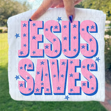 Load image into Gallery viewer, Jesus Saves Big Block Pink Letters With Blue Stars TRANSFER UAC JUNE 26
