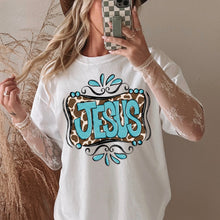 Load image into Gallery viewer, Turquoise And Brown Cowprint Jesus TRANSFER SDD MAR 26
