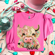 Load image into Gallery viewer, Loved Highland Cow Brushstroke And Gold Glitter With Pink Bow TRANSFER SDD DEC 25

