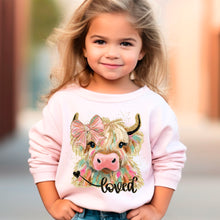 Load image into Gallery viewer, Loved Highland Cow Brushstroke And Gold Glitter With Pink Bow TRANSFER SDD DEC 25
