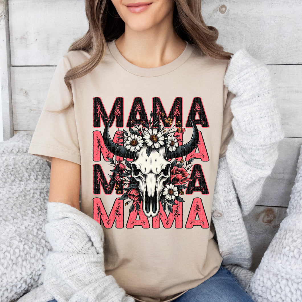 Western Bullskull Repeat Mama Floral Black & Coral  TRANSFER SDD