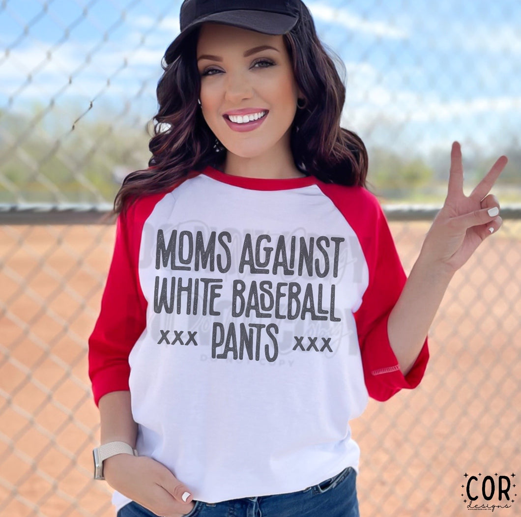 Moms Against White Baseball Pants Distressed Blk TRANSFER COR