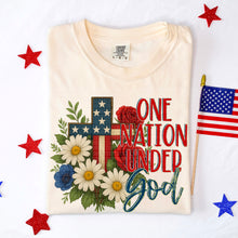 Load image into Gallery viewer, One Nation Under God Flag Cross And Flowers DROPDOWN TRANSFER SDD MAY
