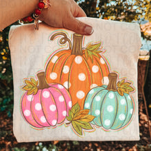 Load image into Gallery viewer, Polka Dot Pumpkin Trio With Leaves Faux Gold Glitter Outline TRANSFER UAC AUG 26
