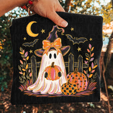 Load image into Gallery viewer, Ghost Witch With Pumpkins Bats Faux Gold Glitter Accents TRANSFER UAC AUG 26
