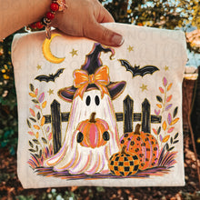 Load image into Gallery viewer, Ghost Witch With Pumpkins Bats Faux Gold Glitter Accents TRANSFER UAC AUG 26
