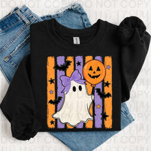 Load image into Gallery viewer, Ghost With Pumpkin Balloon Multi Color Stripes Background Boy/Girl DROPDOWN TRANSFER UAC JULY 26
