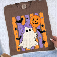 Load image into Gallery viewer, Ghost With Pumpkin Balloon Multi Color Stripes Background Boy/Girl DROPDOWN TRANSFER UAC JULY 26
