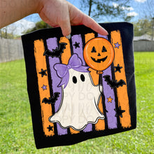 Load image into Gallery viewer, Ghost With Pumpkin Balloon Multi Color Stripes Background Boy/Girl DROPDOWN TRANSFER UAC JULY 26
