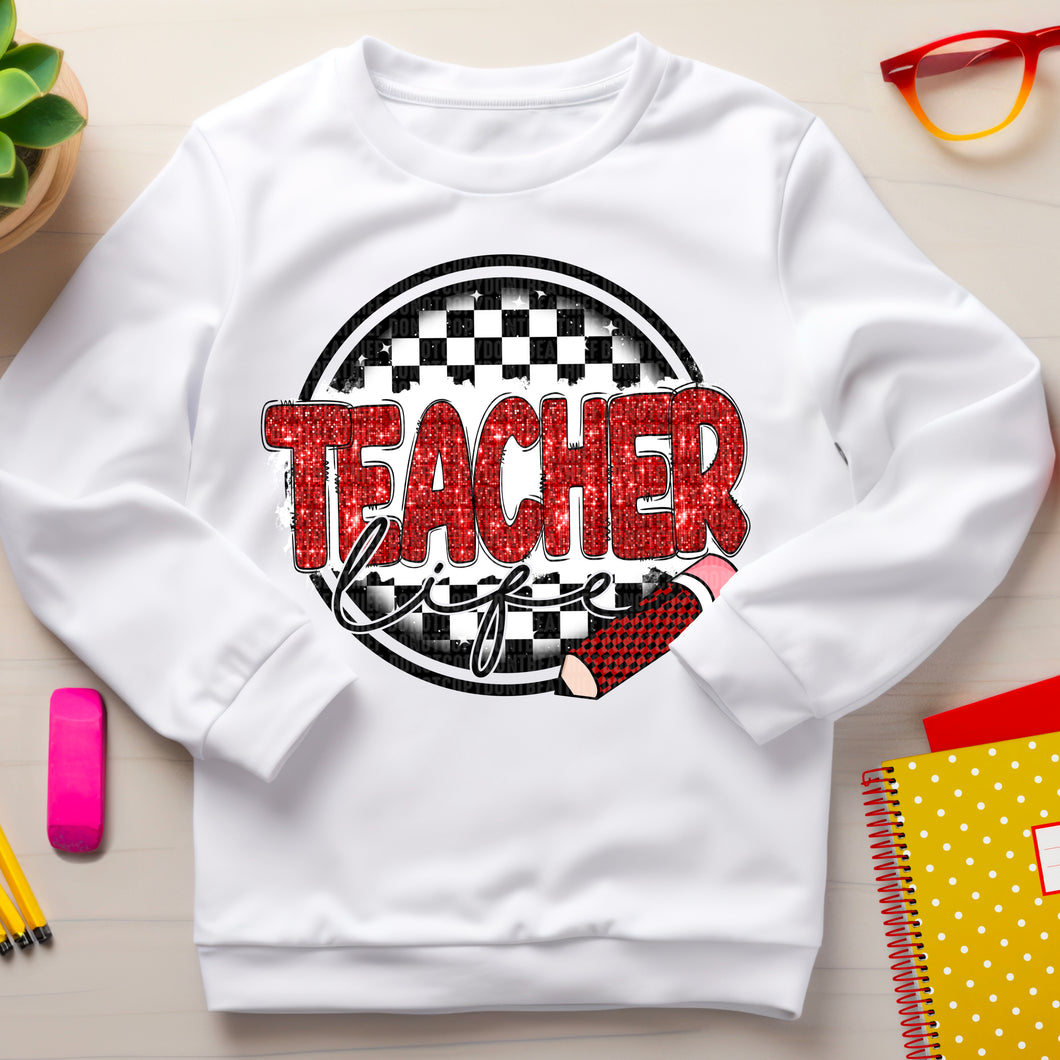 Teacher Life Red Faux Sequin Blk Checkered TRANSFER SDD