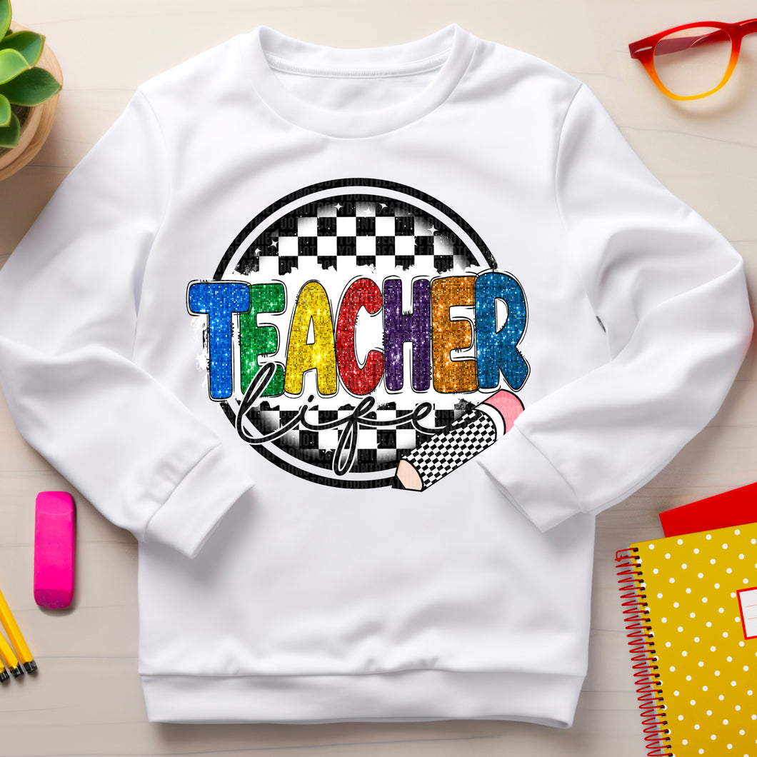 Teacher Life Rainbow Faux Sequin Blk Checkered TRANSFER SDD