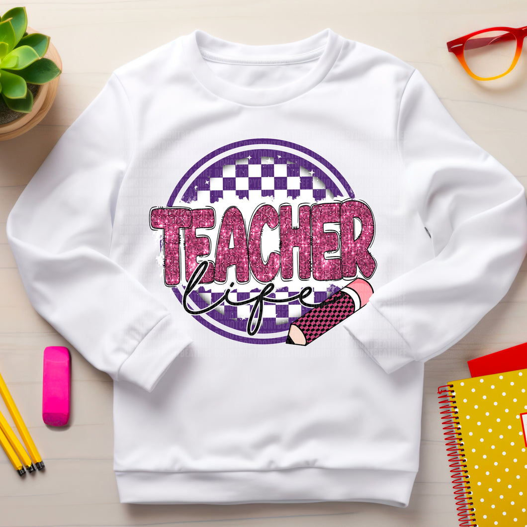 Teacher Life Pink Faux Sequin Purple Checkered TRANSFER SDD