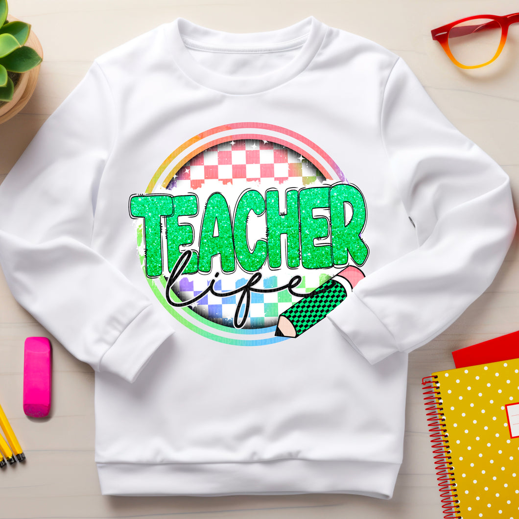 Teacher Life Green Faux Sequin Rainbow Checkered TRANSFER SDD