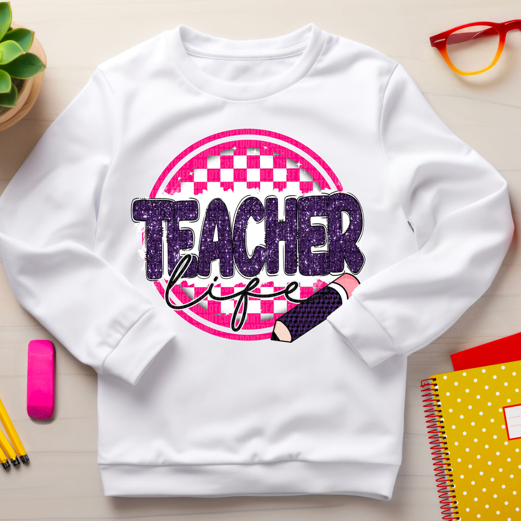 Teacher Life Purple Faux Sequin Pink Checkered TRANSFER SDD