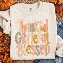 Load image into Gallery viewer, Thankful Grateful Blessed Plaid Floral &amp; Polka Faux Gold Glitter Outline TRANSFER UAC SEP 26
