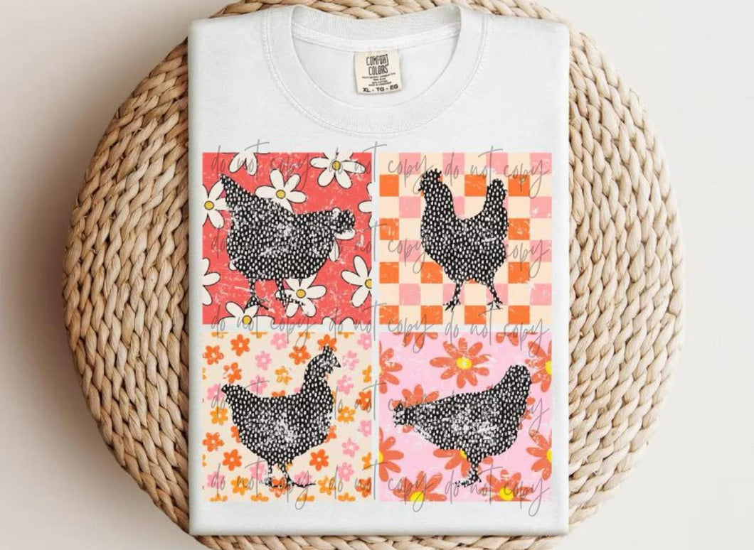 Chicken Floral Checker Box Distressed TRANSFER