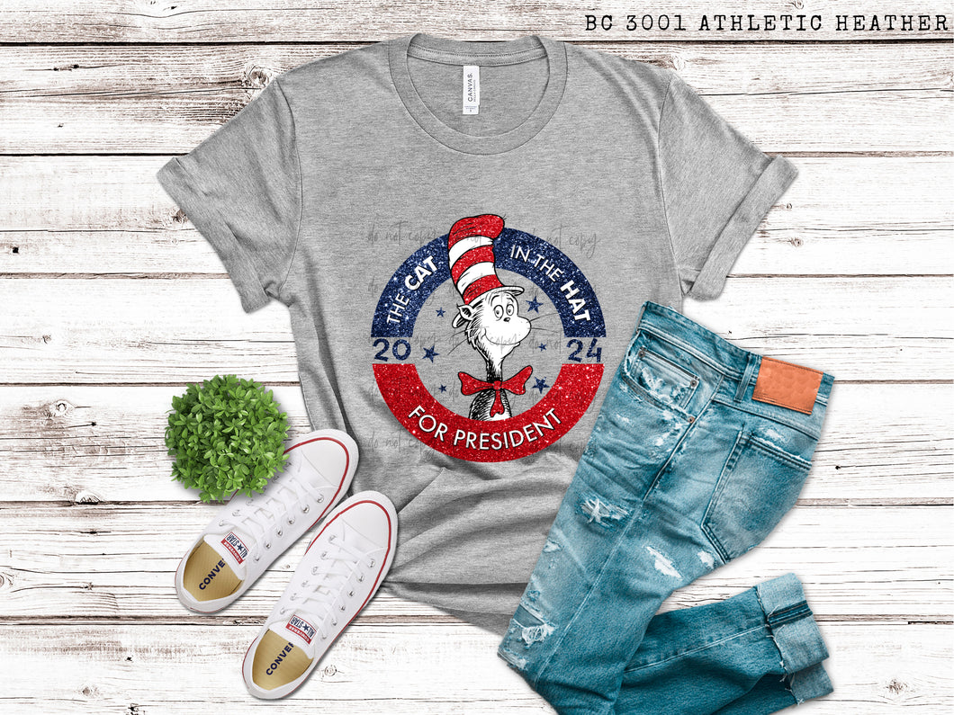 Cat In The Hat For President 2024 Navy Faux Glitter TRANSFER