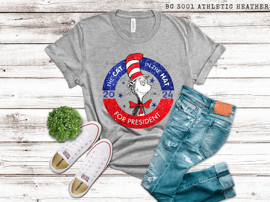 Cat In The Hat For President 2024 Faux Glitter TRANSFER