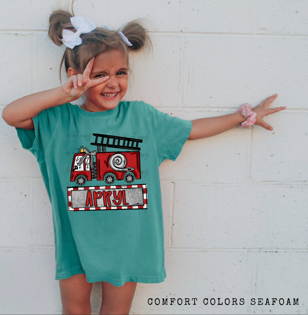 Fire Truck Faux Glitter Customized Name Plate DROPDOWN DTF TRANSFER SPO DEC 25