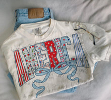 Load image into Gallery viewer, America Stripe Cherry Stars Bow TRANSFER
