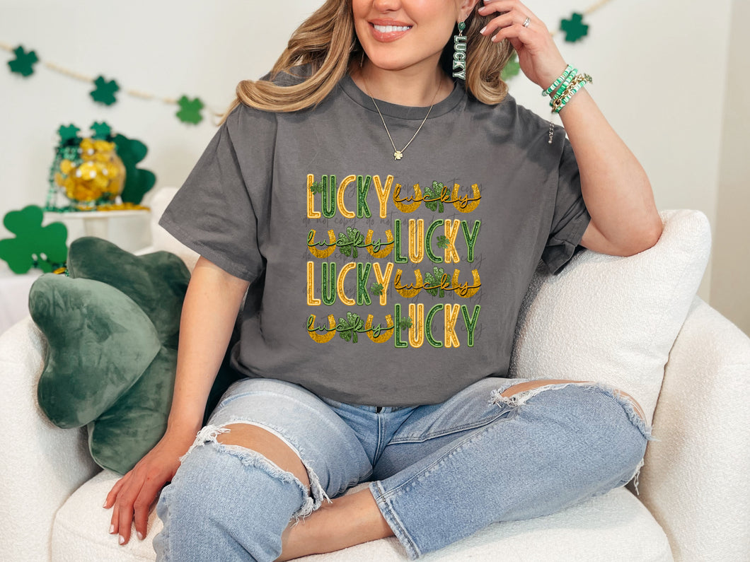 Lucky Stacked Gold And Green Faux Embroidery Sequin TRANSFER